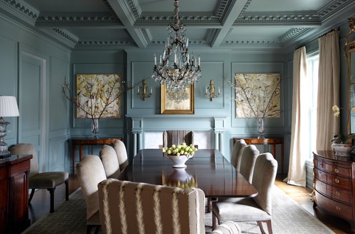 traditional dining room with painted ceiling