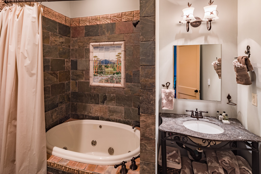 Design ideas for a small country master bathroom in Other with furniture-like cabinets, an alcove tub, an open shower, a two-piece toilet, multi-coloured tile, mosaic tile, beige walls, ceramic floors, an undermount sink and tile benchtops.