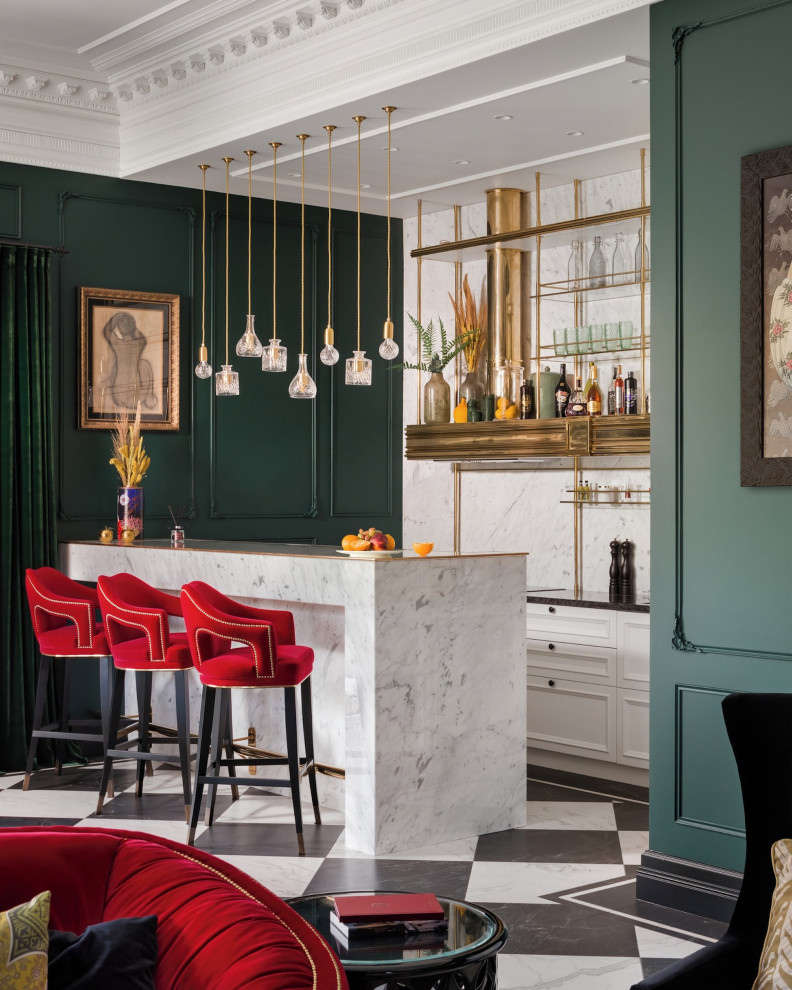 Mid-sized eclectic galley seated home bar in Other with marble benchtops, green splashback and white benchtop.