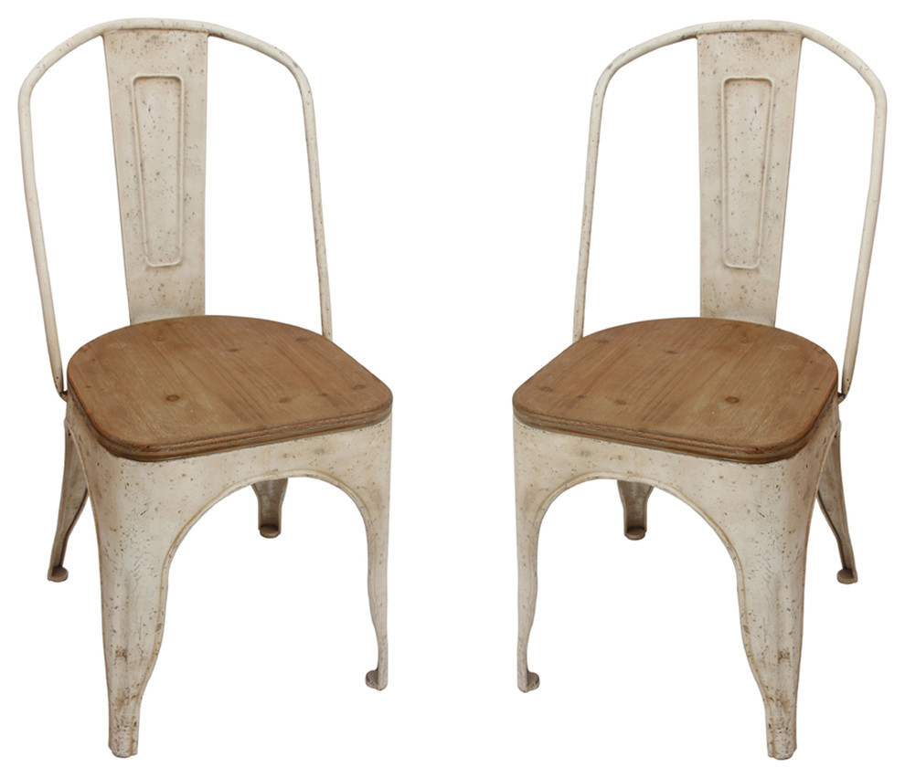 Metal Chairs with Vintage Wood Seat, Set of 2