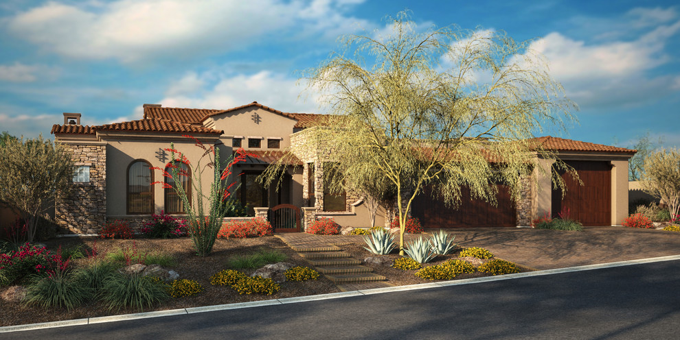 Inspiration for a large transitional beige one-story stucco exterior home remodel in Phoenix