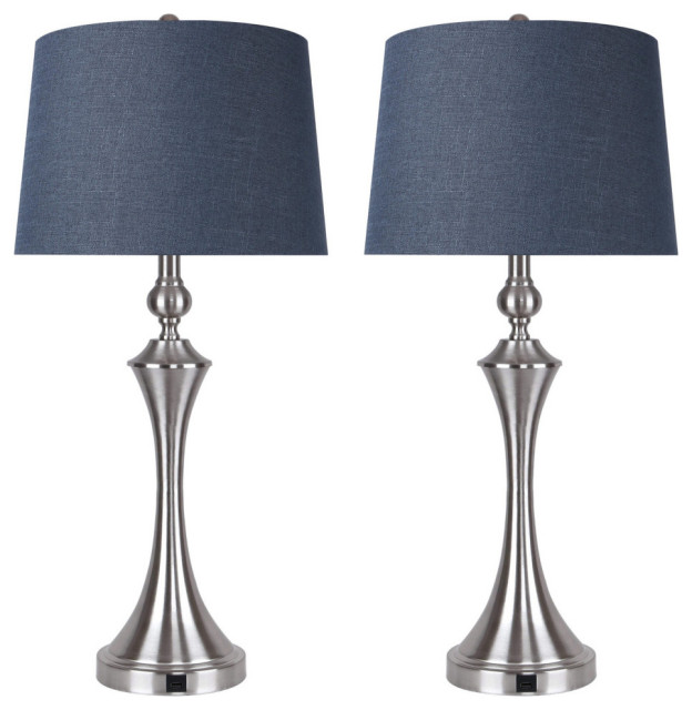 31" Brushed Nickel Table Lamps With USB Port & Navy Linen Shades, Set