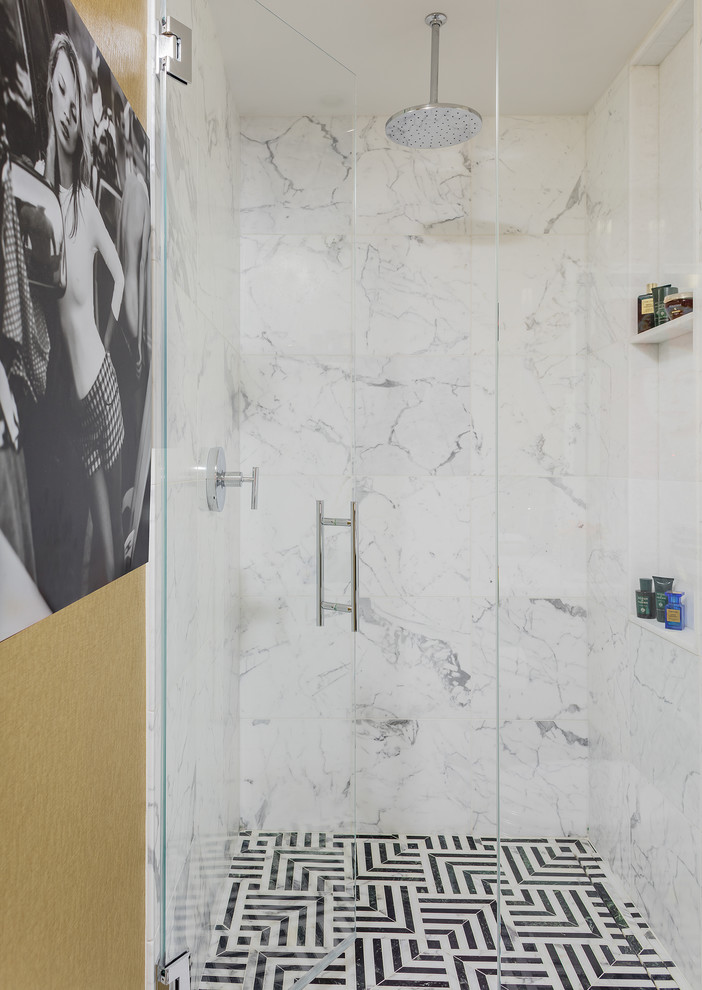 Inspiration for a transitional bathroom in Denver with an alcove shower, gray tile, white tile, white walls and a hinged shower door.