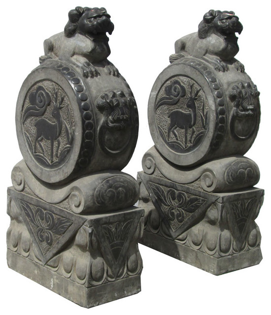Pair Chinese Antique Hand Carving FenShui Drum Foo Dog Statue