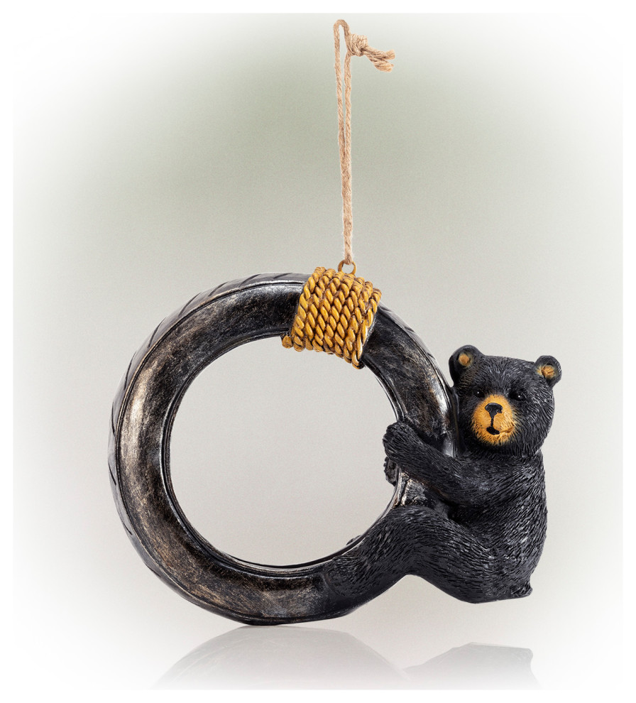 Alpine Bear Swinging on Tire Bird Feeder, 8 Inch Tall Rustic Bird