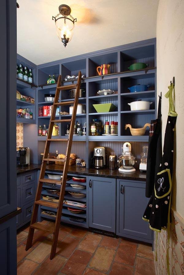 Inspiration for a large country u-shaped kitchen pantry in Chicago with recessed-panel cabinets, blue cabinets, blue splashback, timber splashback, brick floors and no island.