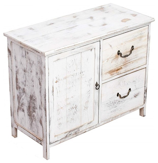 Rustic Sideboard, White Finished Natural Wood With 1-Door and 2-Drawer