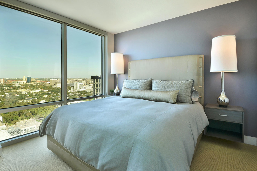 Small transitional master carpeted bedroom photo in Austin with blue walls
