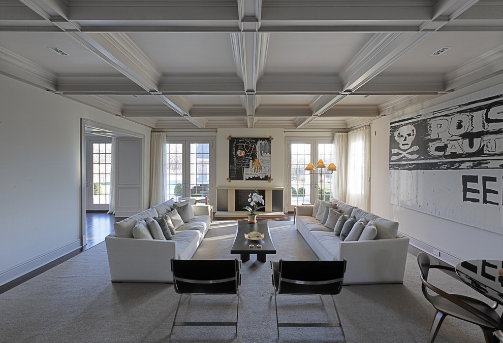 Photo of an expansive contemporary living room in New York with white walls.