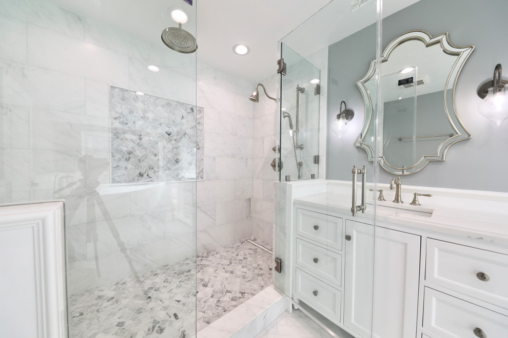 Inspiration for a large traditional master bathroom in Los Angeles with white cabinets, a freestanding tub, white tile, green walls, quartzite benchtops, multi-coloured floor, a hinged shower door, white benchtops, a shower seat, a double vanity and a freestanding vanity.