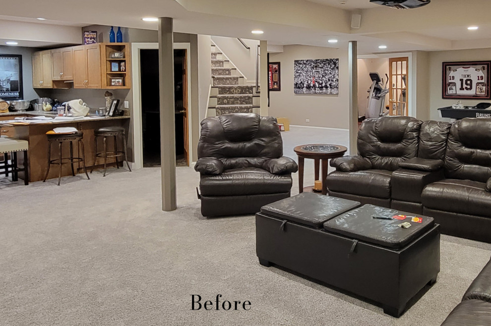 Example of a large transitional underground vinyl floor and beige floor basement game room design in Chicago with gray walls