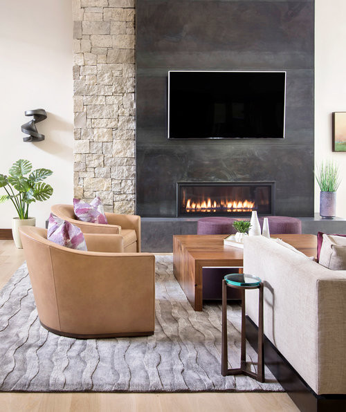 Medium sized contemporary formal enclosed living room in Denver with carpet, a standard fireplace, a metal fireplace surround and a wall mounted tv.
