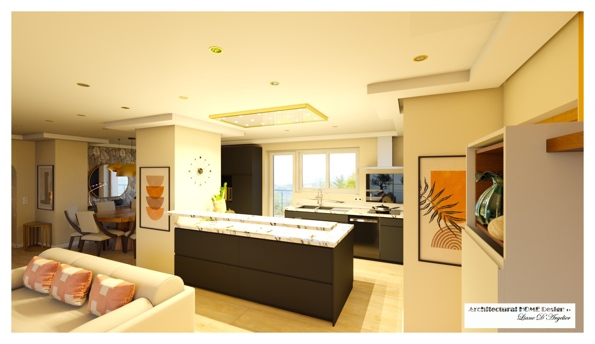 Living 60 m² chic avec cuisine ouverte.