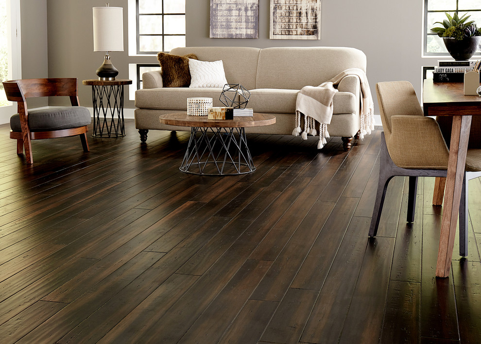 Inspiration for a mid-sized transitional formal and enclosed bamboo floor and brown floor living room remodel with beige walls