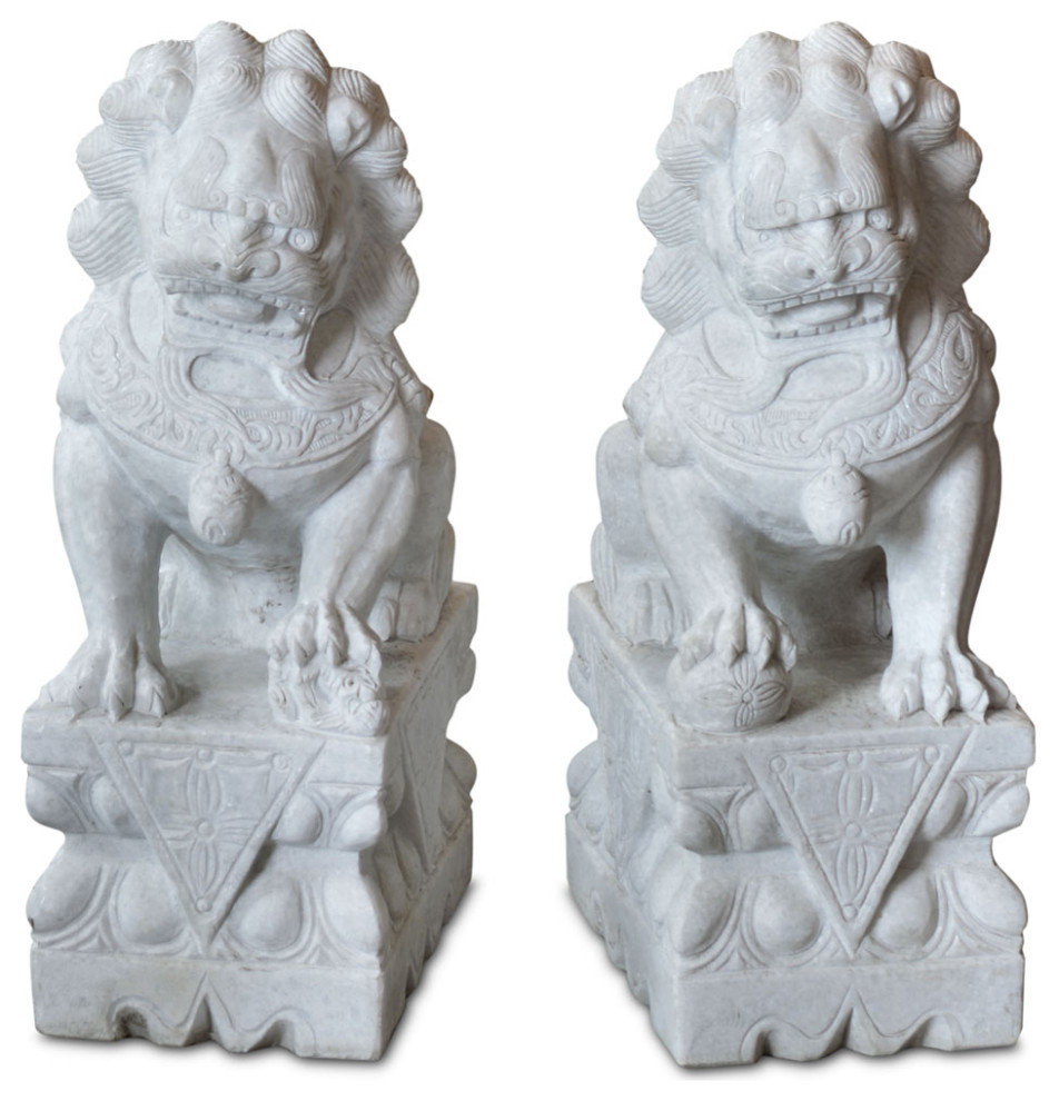 Imperial White Marble Chinese Foo Dogs Statues Asian Garden Statues
