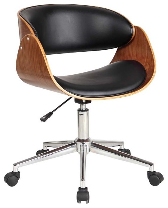 Contemporary Computer Chair With Walnut Wood Finish and PU Seat, Black Contemporary Office