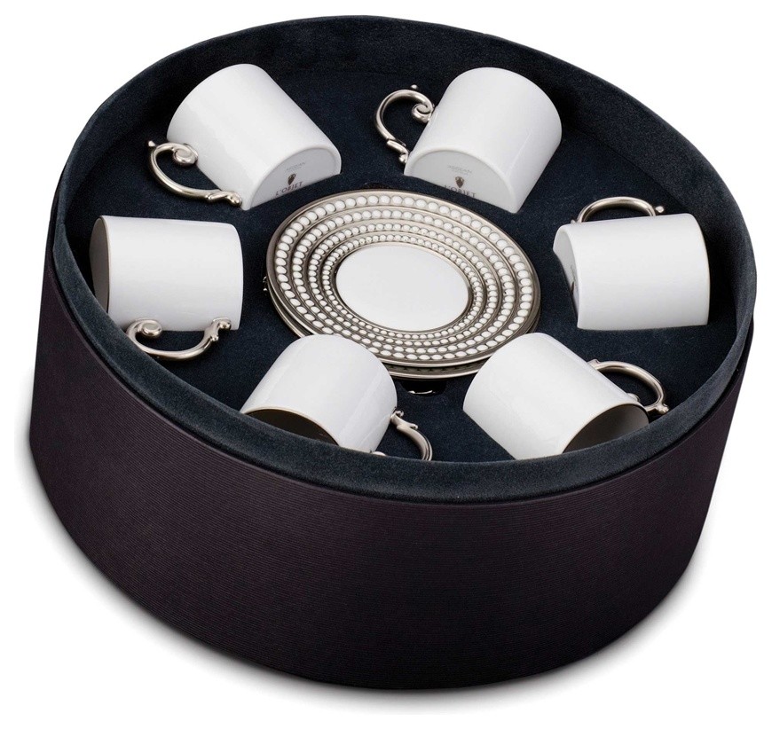 L'Objet PR356  Perlee Platinum Espresso Cup and Saucer Gift Box, Set 6