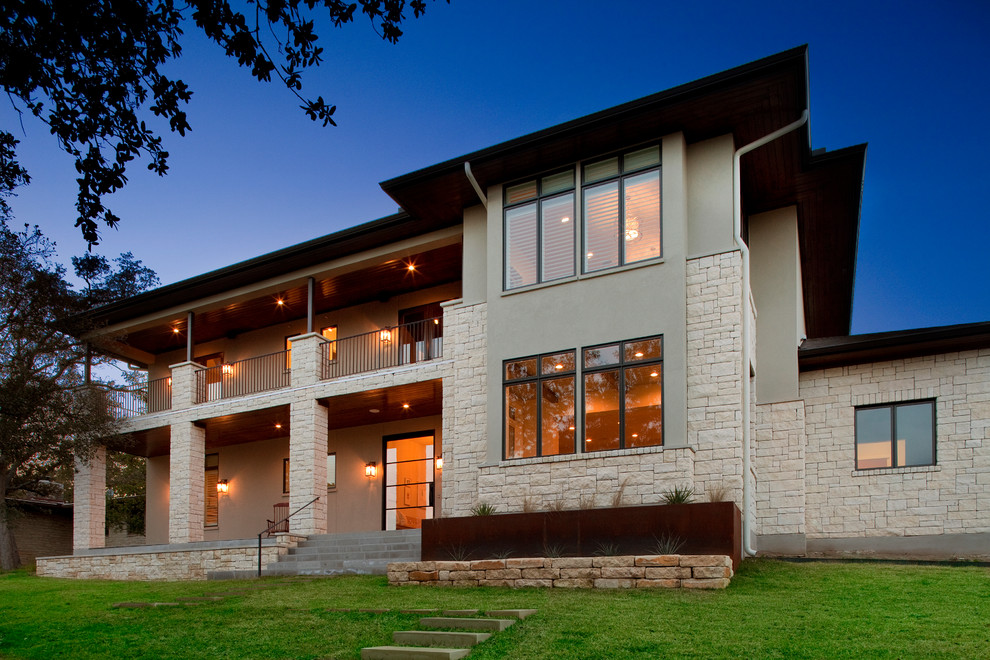Design ideas for a contemporary exterior in Austin with stone veneer.