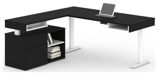 Bestar Viva 72" L-Shaped Standing Desk with Credenza in Black and White