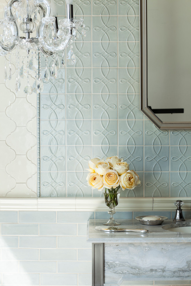 Design ideas for a transitional bathroom in Los Angeles with blue tile and ceramic tile.