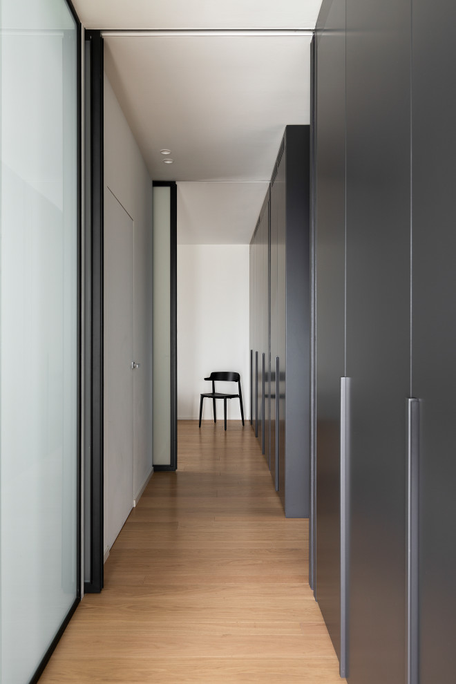 Idee per un ingresso o corridoio moderno con pareti grigie, parquet chiaro e pavimento beige