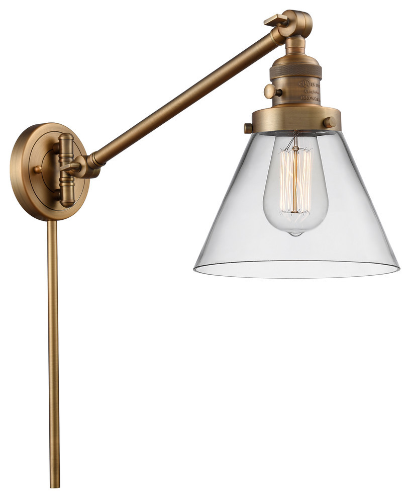 Large Cone 1-Light LED Swing Arm Light, Brushed Brass, Glass: Clear