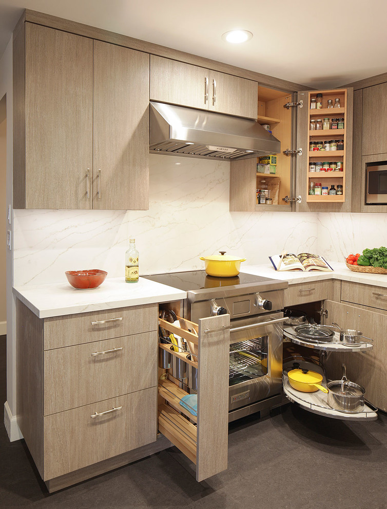 This is an example of a small contemporary u-shaped separate kitchen in San Francisco with an undermount sink, flat-panel cabinets, brown cabinets, quartz benchtops, white splashback, stone slab splashback, stainless steel appliances, linoleum floors, no island, grey floor and white benchtop.
