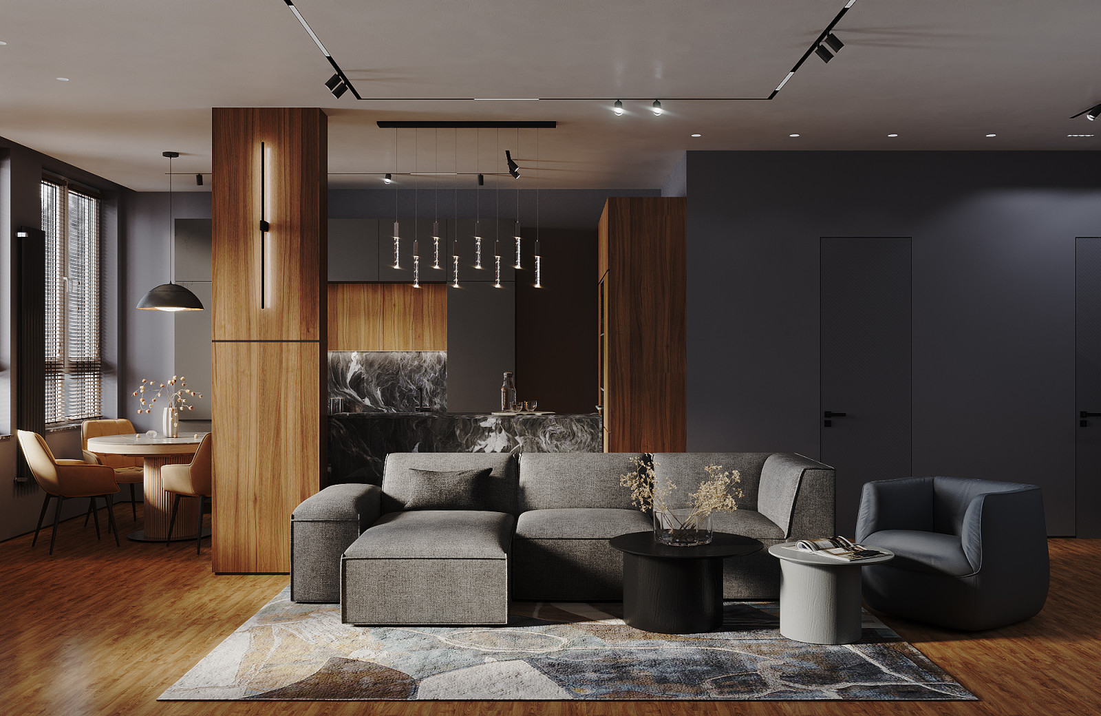 Минималистичная квартира в темных тонах.