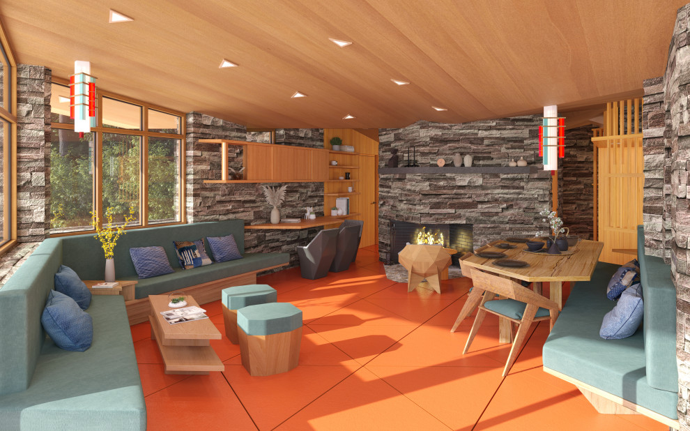 Foto på ett mellanstort retro allrum med öppen planlösning, med flerfärgade väggar, betonggolv, en öppen vedspis, en spiselkrans i sten, en dold TV och orange golv