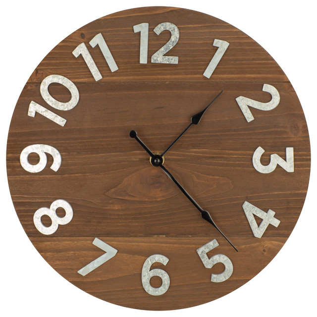 12" Frameless Rustic Walnut Wood Plank Wall Clock With Galvanized Metal