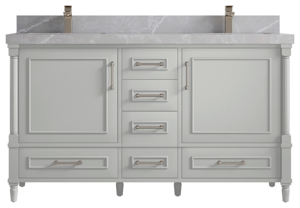 Aberdeen 60 Double Bathroom Vanity in Coventry Gray 2" Pearl Gray Traditional Bathroom