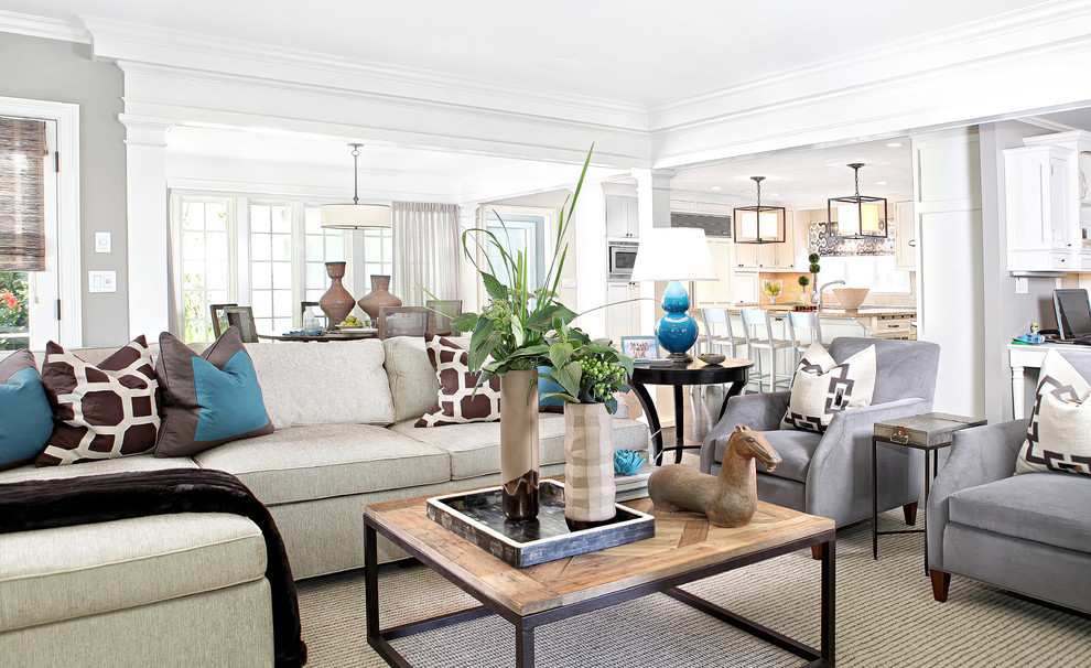 Inspiration for a large transitional open concept living room in New York with white walls.
