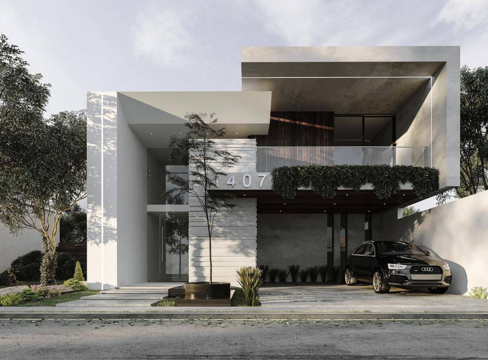 Idées déco pour une grande façade de maison grise moderne à niveaux décalés avec un revêtement mixte.