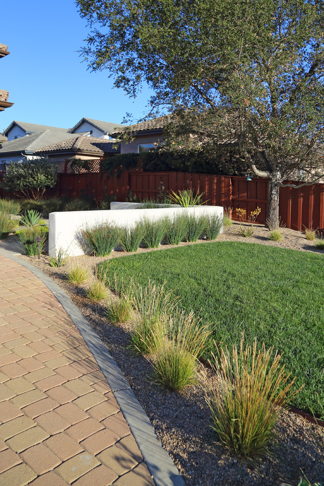 Design ideas for a mid-sized contemporary courtyard full sun xeriscape in San Luis Obispo with a garden path and concrete pavers.