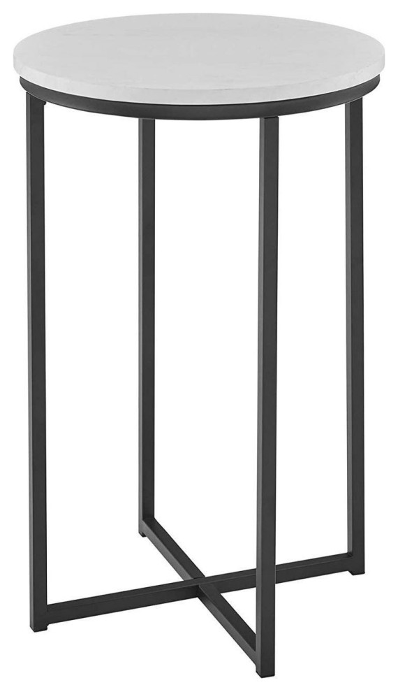 Walker Edison Alissa 16" Round Side Table, White Faux Marble/Black