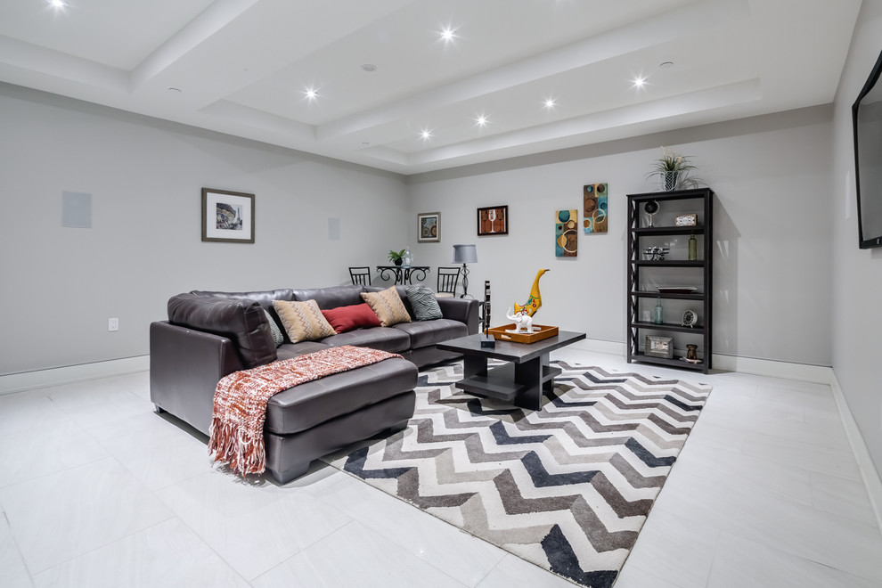 Mid-sized contemporary open concept family room in Philadelphia with grey walls, porcelain floors, a wall-mounted tv, white floor and no fireplace.