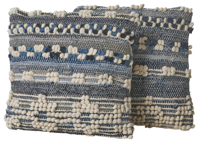 GDF Studio Clara Blue White Wool and Denim Pillow, Set of 2