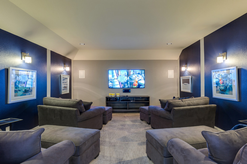 Design ideas for a mid-sized contemporary enclosed home theatre in Dallas with blue walls and carpet.