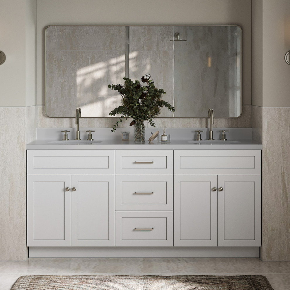 Ariel Hamlet 73" Oval Sinks Bath Vanity Carrara Marble, White, 1.5" White Quartz