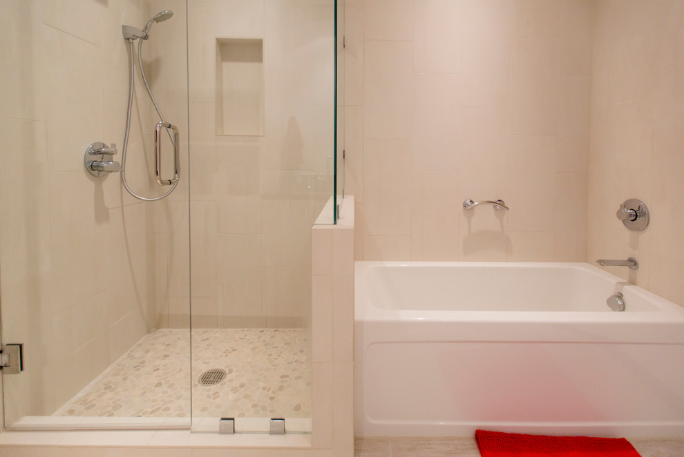 Photo of a mid-sized modern master bathroom in Denver with an alcove tub, an alcove shower, beige tile, ceramic tile, beige walls and ceramic floors.