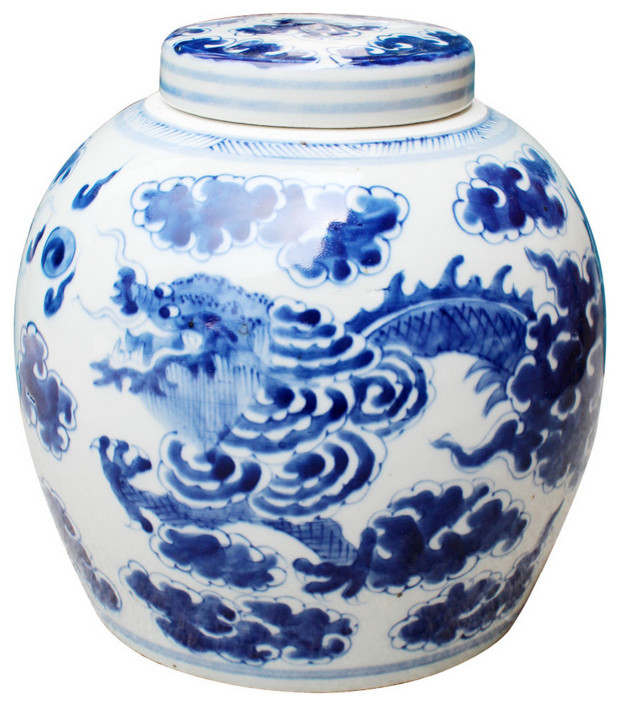 Blue and White Porcelain Ginger Jar Dragon Motif 9" With Lid