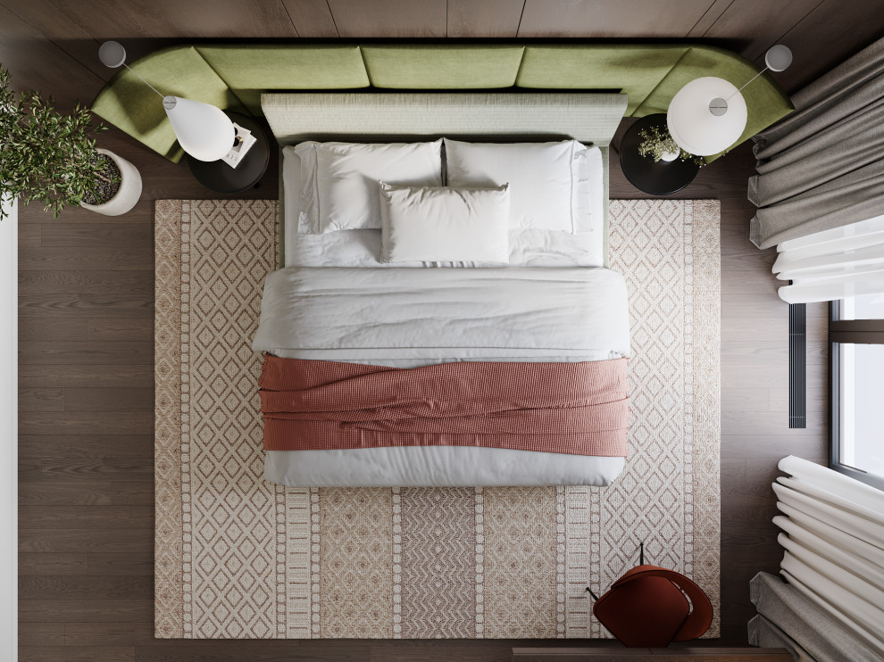 Визуализация интерьера спальни с зелеными акцентами