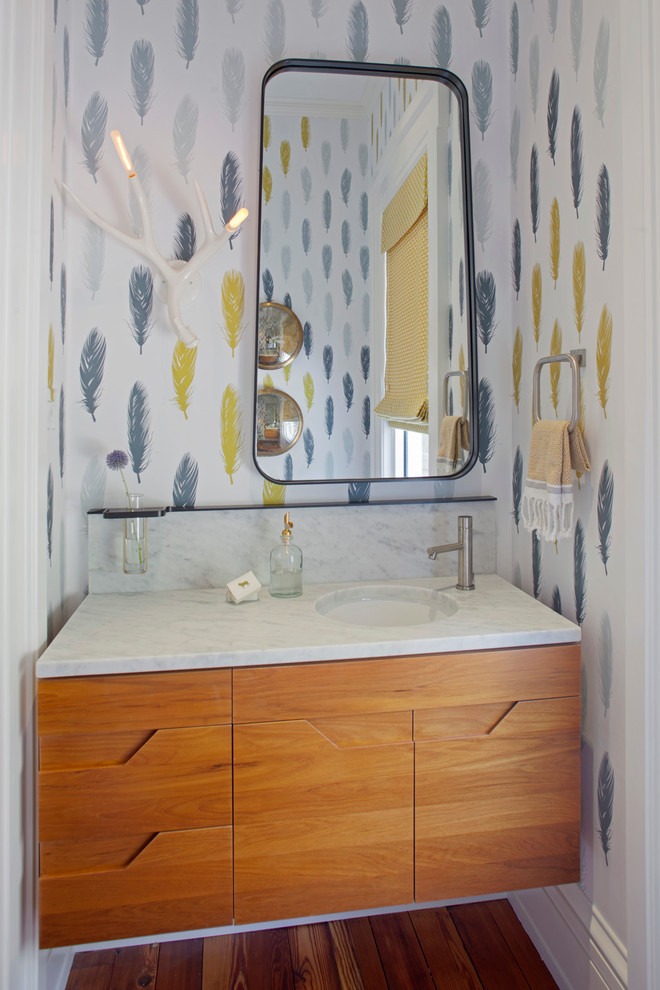 Inspiration for a small contemporary 3/4 bathroom in Atlanta with a vessel sink, flat-panel cabinets, medium wood cabinets, marble benchtops and medium hardwood floors.