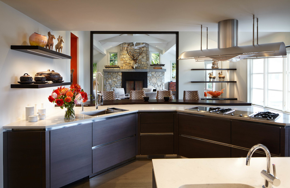 Inspiration for a large transitional gray floor and ceramic tile eat-in kitchen remodel in Seattle with quartzite countertops, stainless steel appliances, two islands, an undermount sink, flat-panel cabinets, dark wood cabinets and white countertops