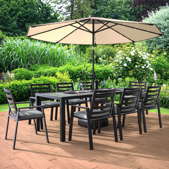 LeisureMod Chelsea Modern 8-Piece Outdoor Dining Set, Black Aluminum ...