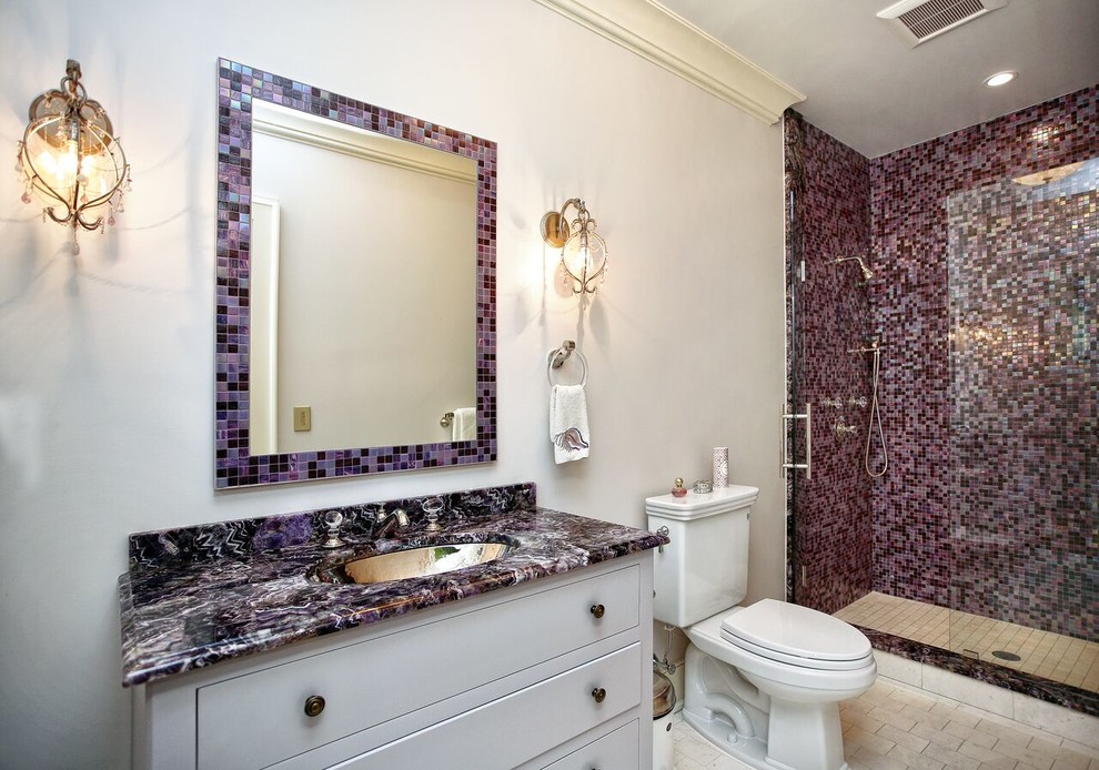 Inspiration for a transitional 3/4 bathroom in New York with flat-panel cabinets, white cabinets, an alcove shower, a two-piece toilet, multi-coloured tile, beige walls, an undermount sink, beige floor, a hinged shower door and purple benchtops.