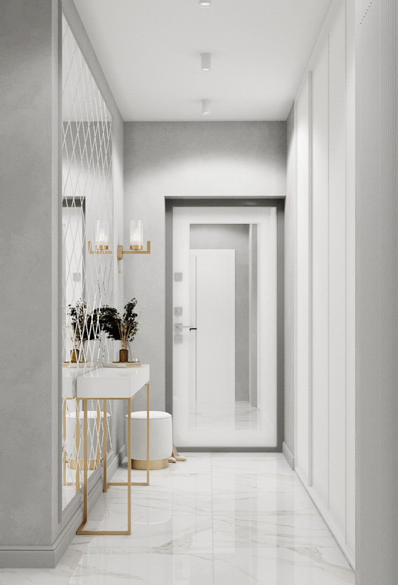 Квартира с современной гостиной с отсылками к ар-деко. Проект 2022 года