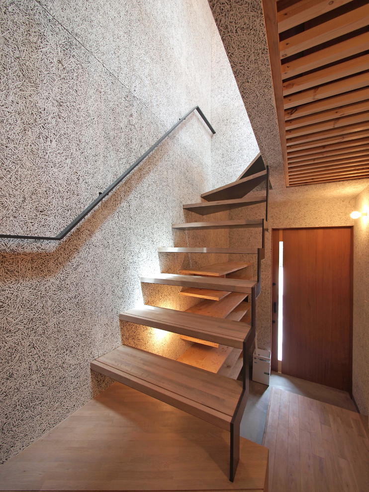Scandinavian wood l-shaped staircase in Other with open risers.