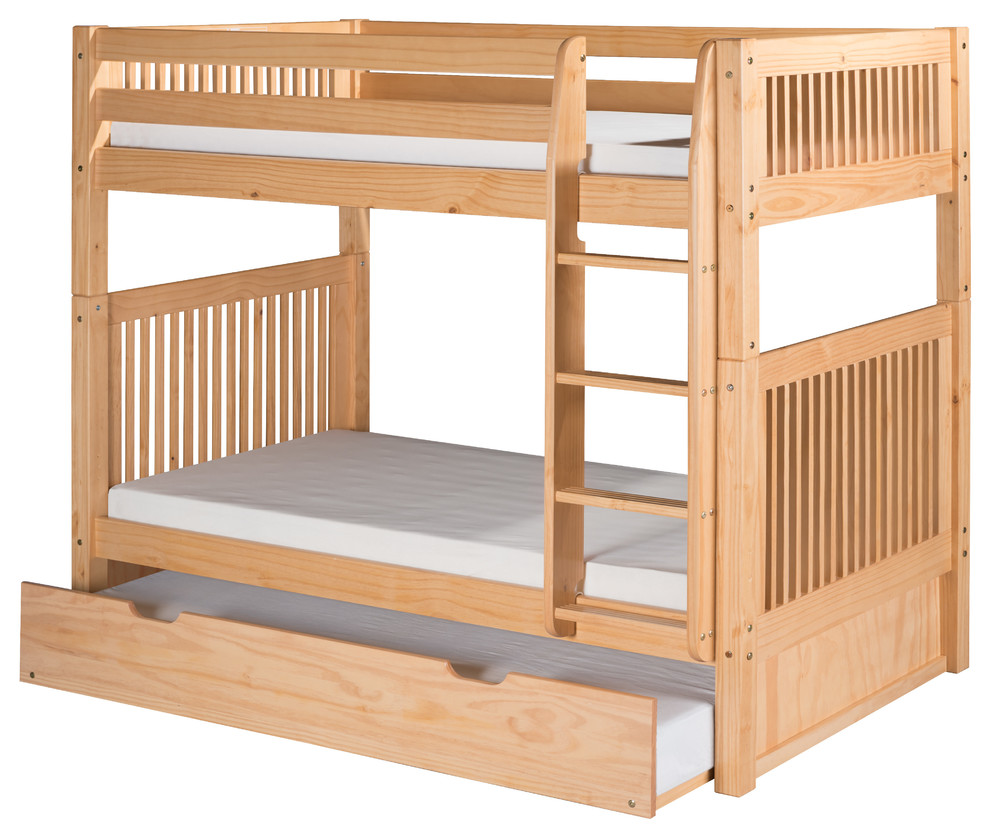 Camaflexi Twin Bunk Bed With Twin Trundle, Mission Headboard, Natural