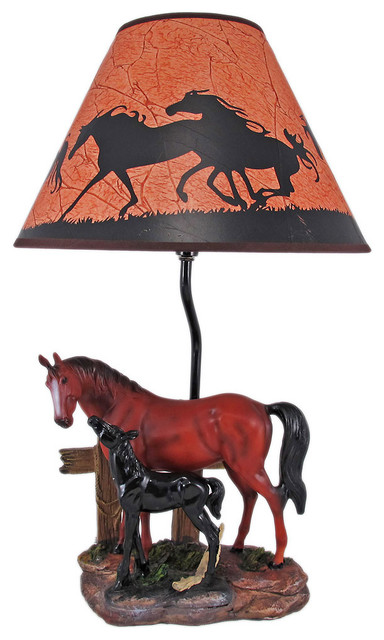 Brown Mare and Foal Horse Hand Painted Table Lamp w/ Shade
